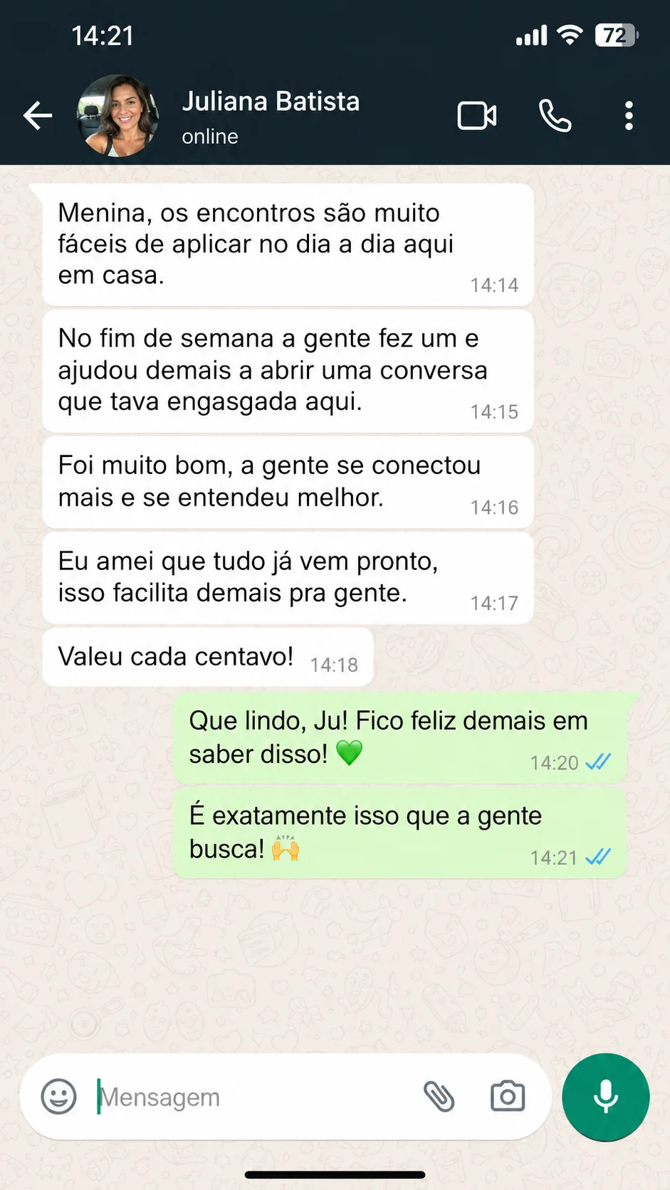 Depoimento de Juliana Batista no WhatsApp